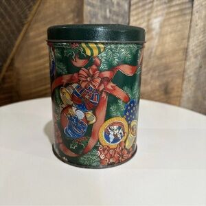 Vintage Christmas Tin Container with Lid Round Medium Rustic 6”x4.5”